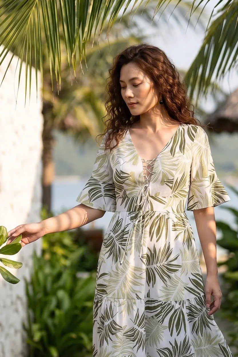 Đầm Maxi Linen Lá Cọ Du Lịch Nhiệt Đới, Đầm Maxi Linen Bích Diệp Dre204 Thời trang Hity