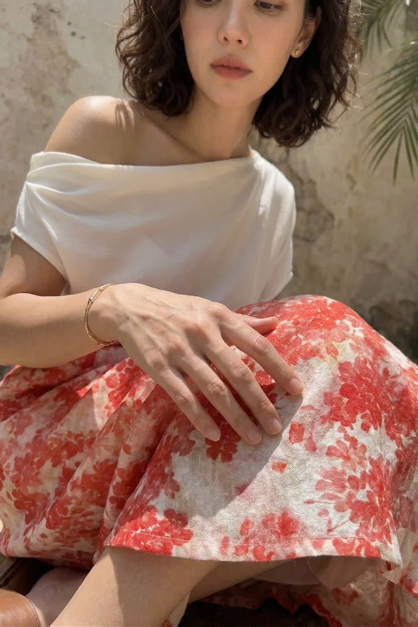 Váy Midi Ramie In Hoa Thanh Minh Ski055 Thời trang Hity