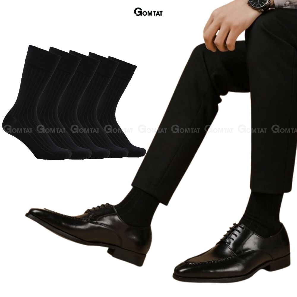 Tất đi giày tây họa tiết gân chìm màu đen, vớ nam công sở cổ cao cao cấp, chất cotton hút ẩm, thoáng khí - GOM-TAYGANCHIM-DEN