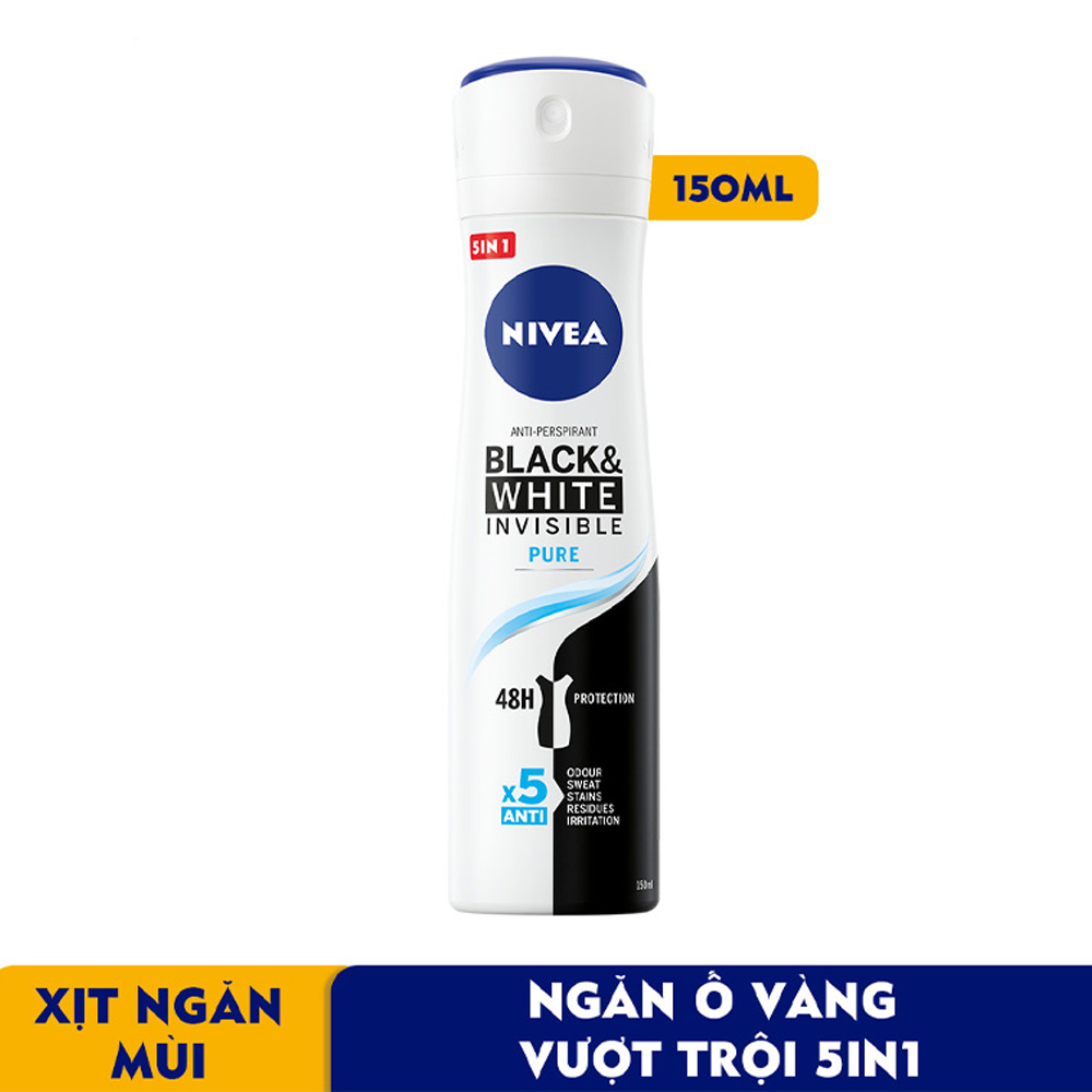 Bộ Đôi Xịt Ngăn Mùi Cho Nữ NIVEA Black and White Ngăn Vệt Ố Vàng Vượt Trội 5in1 (150ml)+Lăn Ngăn Mùi NIVEA Black and White Ngăn Vệt Ố Vàng Vượt Trội 5in1 (50ml)