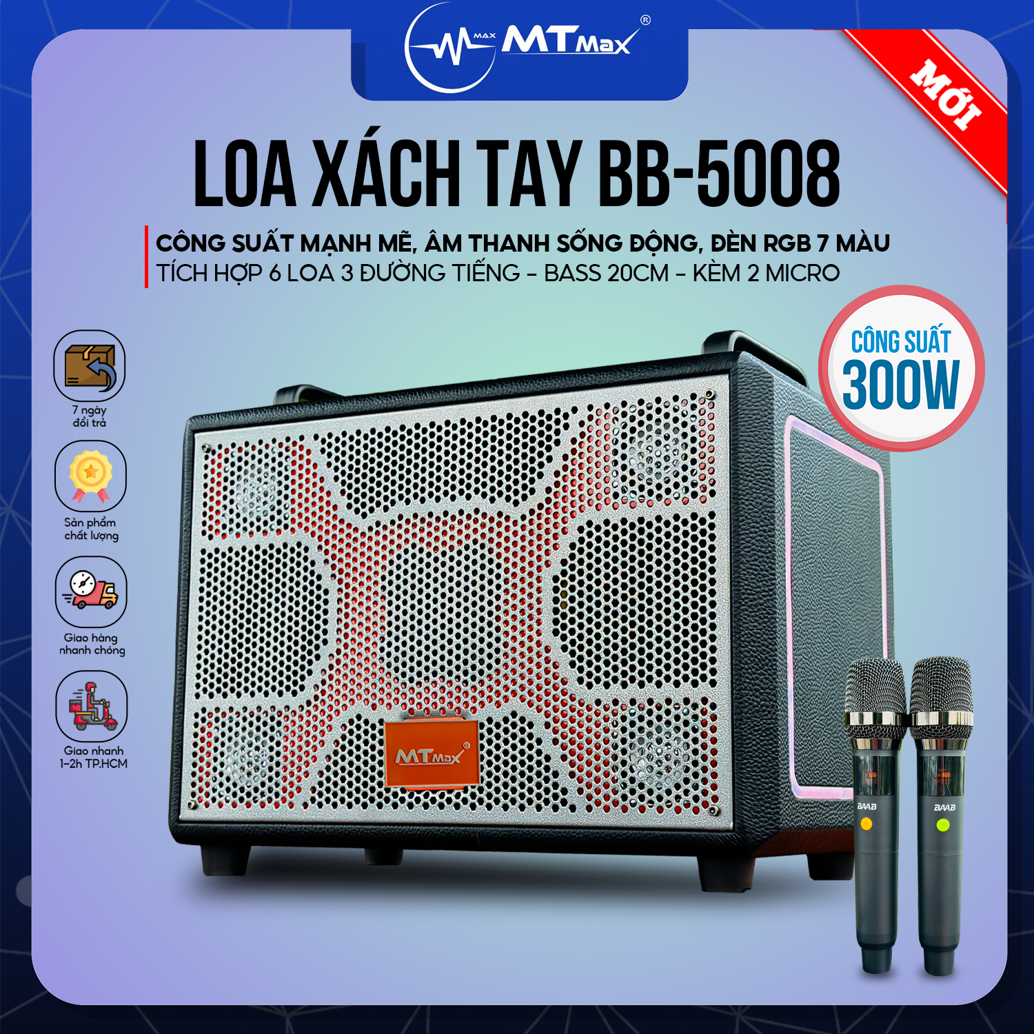 Loa Xách Tay BB-5008 Công Suất Lớn 300W, 6 Loa 3 Đường Tiếng, Đèn RGB Nhấp Nháy, Âm Thanh Trong Trẻo, Bass Đánh Siêu Căng Ấm, Đi Kèm 2 Micro, Hàng Nhập Khẩu