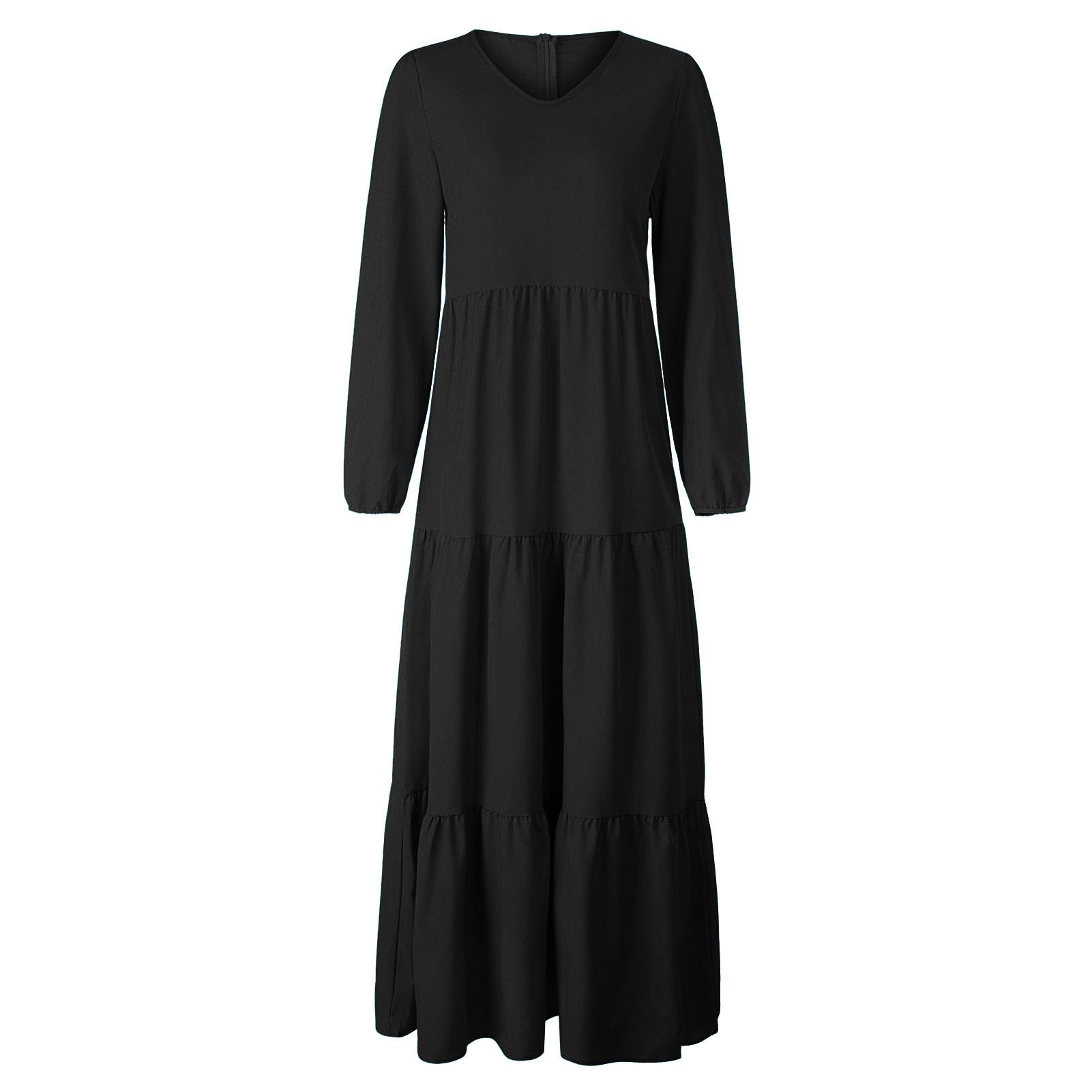 Fashion Women Solid Color Dress V Neck Long Sleeve High Waist Ruched Casual Maxi Dress