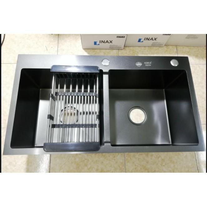 Combo chậu rửa bát kích thước 82*45 + vòi nóng lạnh inox phủ Nano màu đen