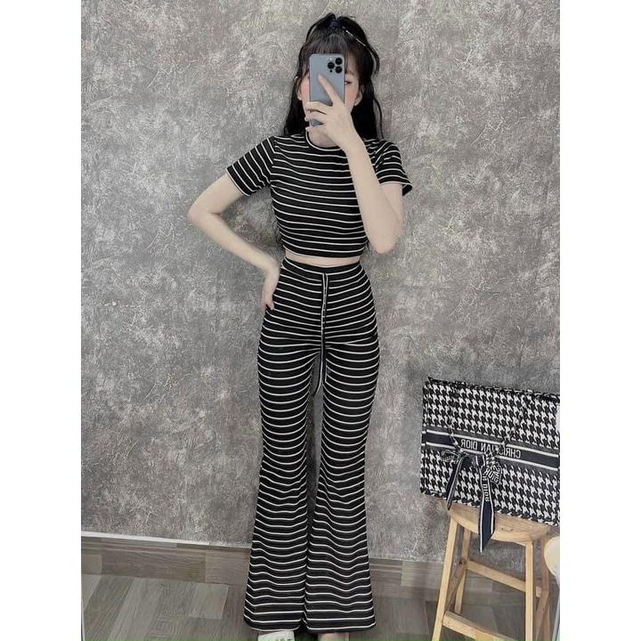 Set bộ đồ nữ áo croptop phối quần loe sọc ngang tôn da, tôn dáng dành cho các nàng đi chơi, dạo phố hoặc ở nhà