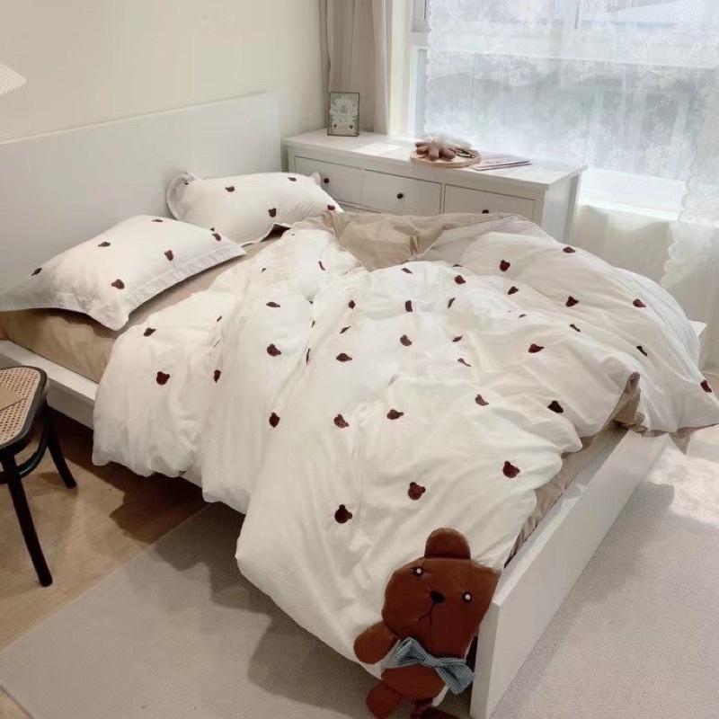 Bộ Chăn Ga Gối Cotton Hữu Cơ Hàng Nhập Khẩu Cao Cấp 4 Món Gấu Teddy Nơ