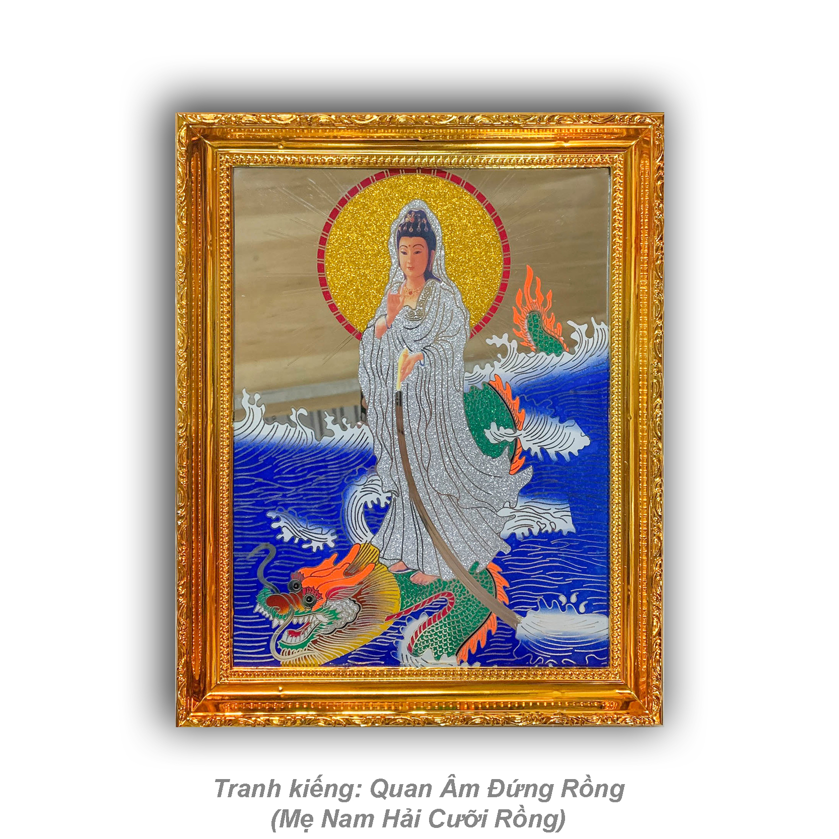 tranh kiếng thờ mẹ Quan Âm đứng rồng - Khung nhựa cứng mạ vàng