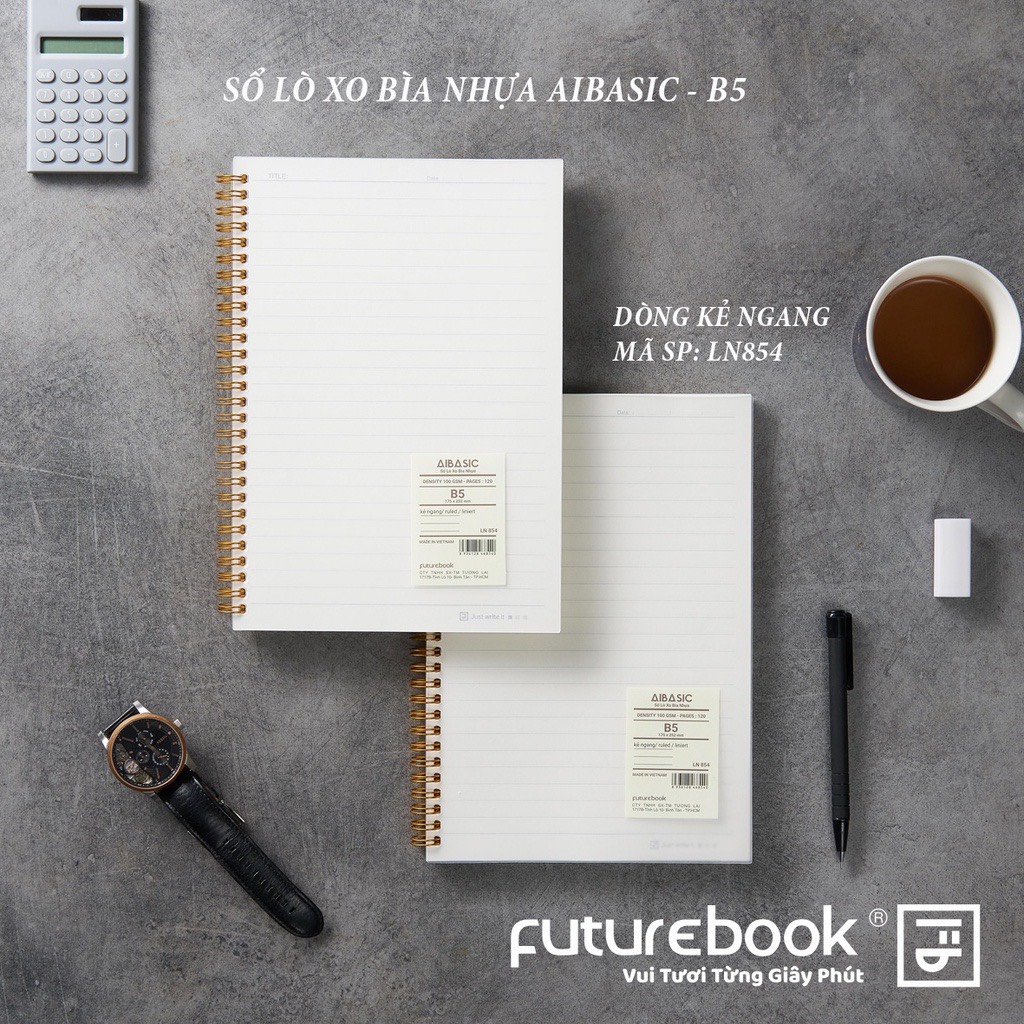 FUTUREBOOK - Sổ Lò Xo Bìa Nhựa Aibasic B5 (175mm X 252mm)- 120Trang- Định Lượng 100GSm -Dòng Kẻ Ngang_Caro