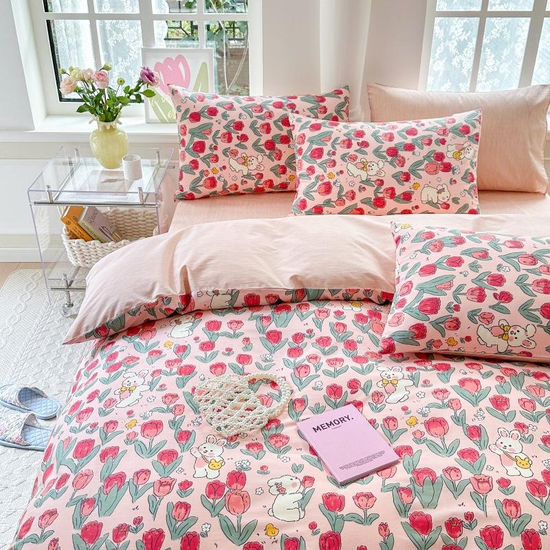 Phong cách mới nhất ins phong cách 100 cotton nguyên chất giường bốn mảnh bộ lưới hoa nhỏ màu đỏ nhỏ tươi phong cách mục vụ chăn ga trải giường ga trải giường được trang bị