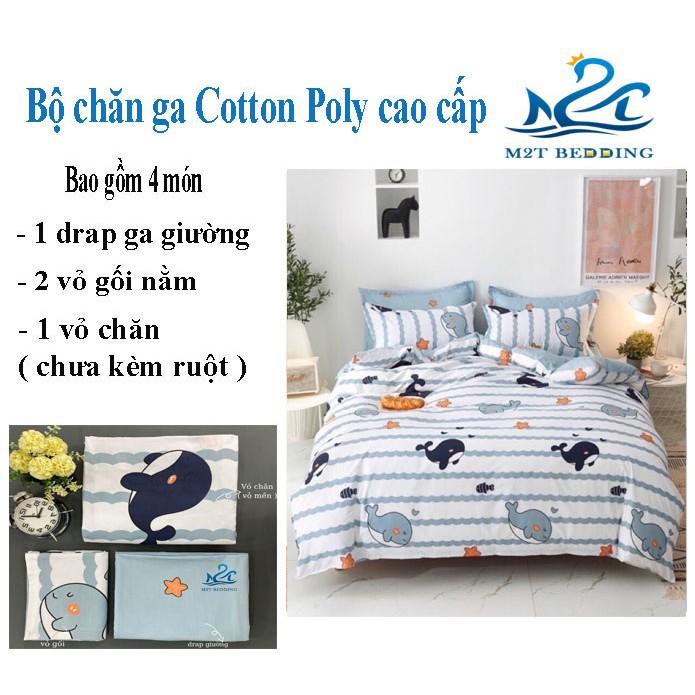 Bộ chăn ga gối Cotton Poly M2T bedding Cá heo, vỏ chăn mền, drap giường và 2 vỏ gối
