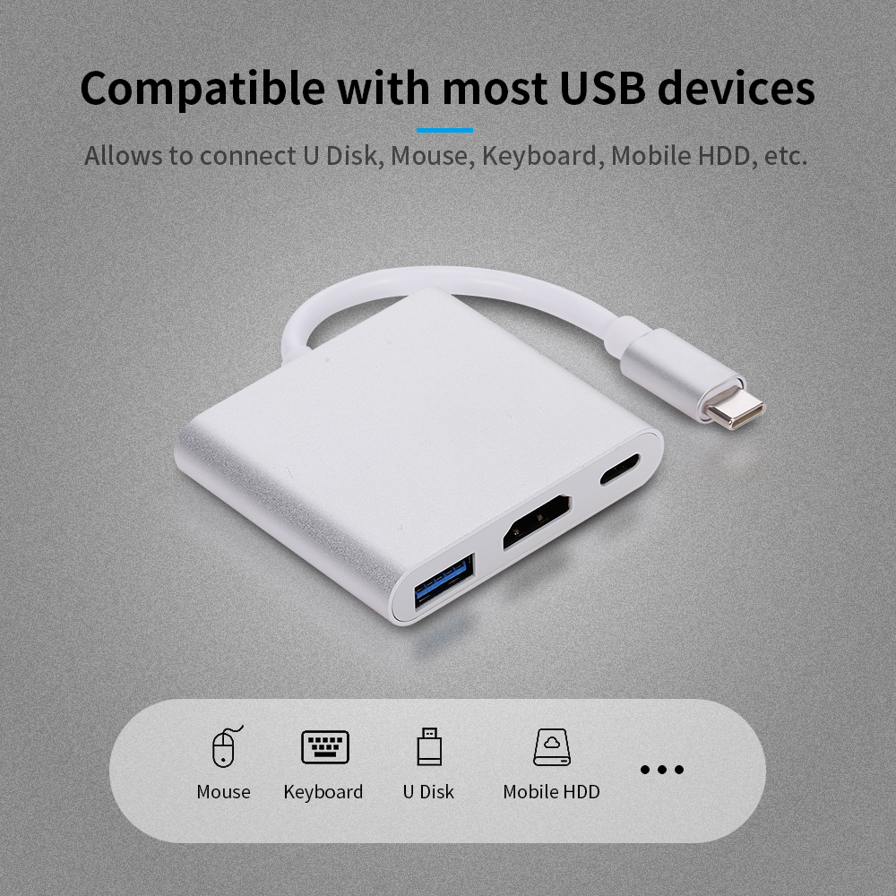 Bộ Chuyển Đổi 3 Trong 1 Loại C Sang USB 3.0 + HDMI + Bộ Chuyển Đổi Bộ Chia Pd Hub Đa Chức Năng Loại C, Màu Bạc