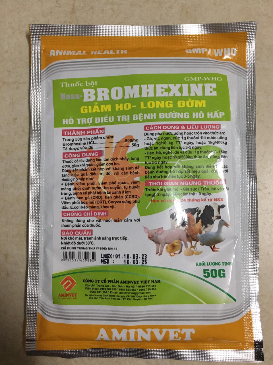 Brom/bromhexine hen 50g giảm ho, long đờm, hỗ trợ xử lý hen, khẹc, viêm phổi cho chó, mèo, gia súc, gia cầm