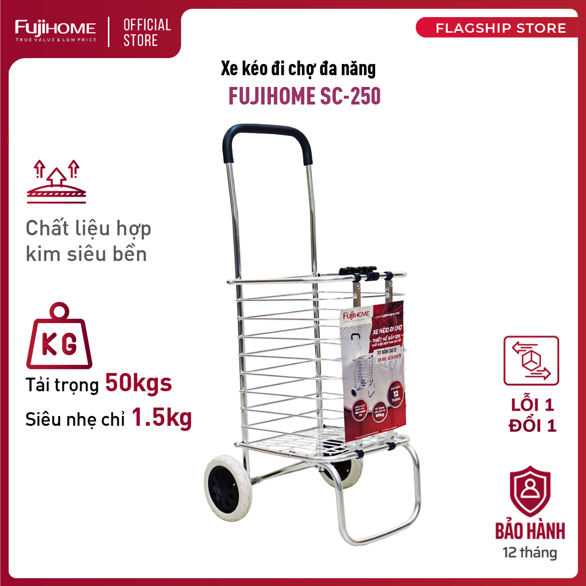 Xe đẩy hàng đi chợ  siêu thị gấp gọn đa năng có giỏ FUJIHOME SC-250