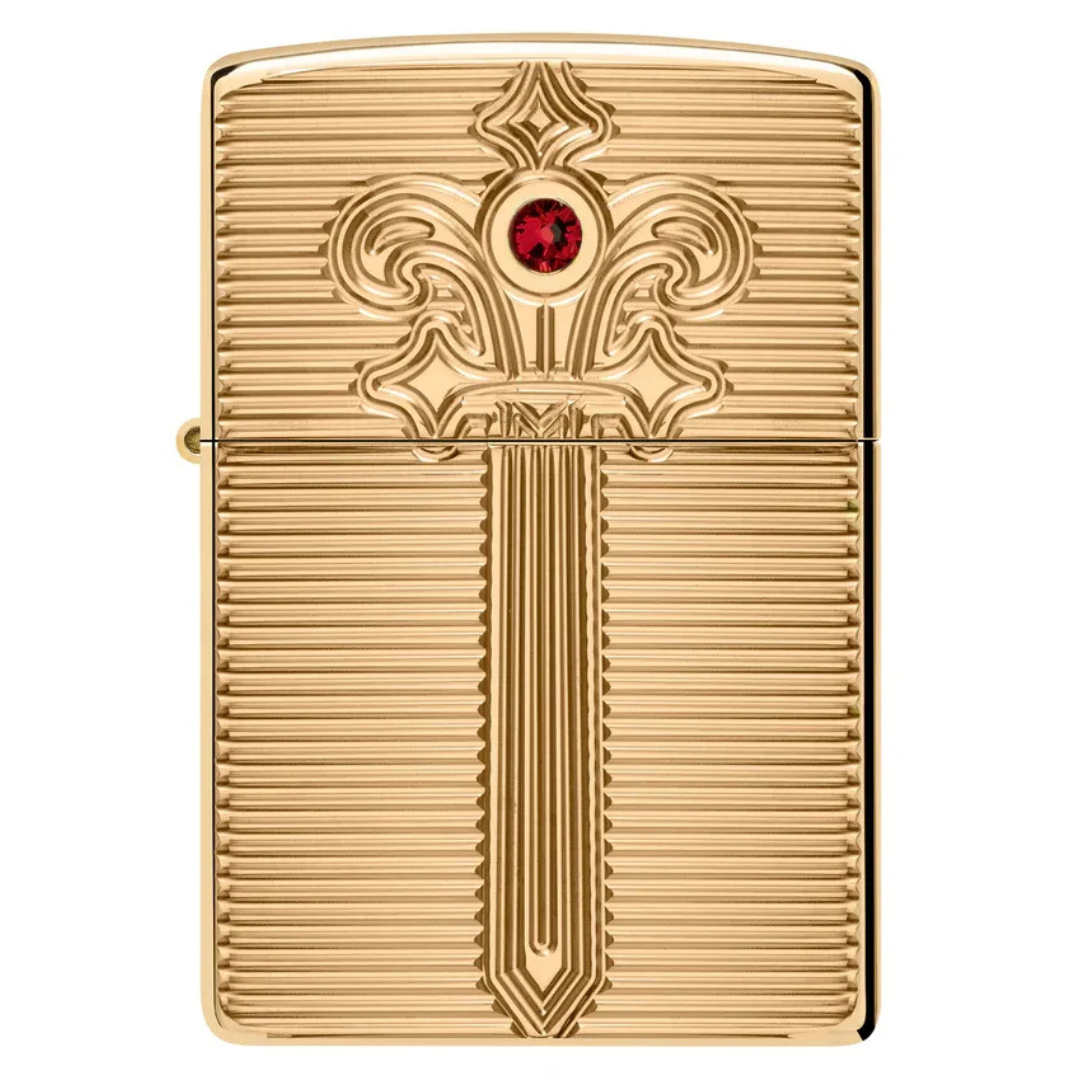 Bật Lửa Zippo Armor Royal Saber Design – Zippo High Polish Brass Khắc Sâu Deep Carve Đính Đá Ruby Chính Hãng USA