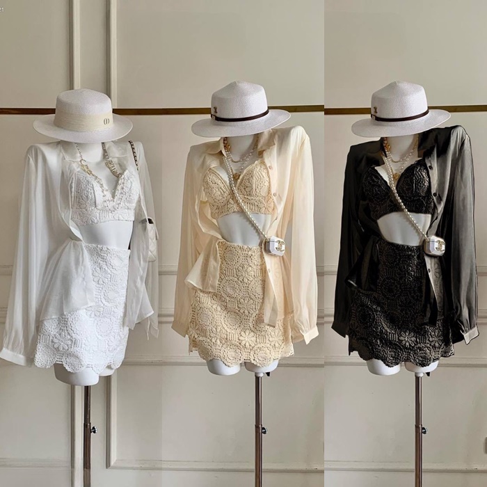 SET ÁO BIKINI BRA DÂY CROPTOP REN ĐI BIỂN + ÁO SƠ MI VOAN XUYÊN THẤU + CHÂN VÁY NGẮN CHỮ A ĐI TIỆC DẠO PHỐ ĐI CHƠI