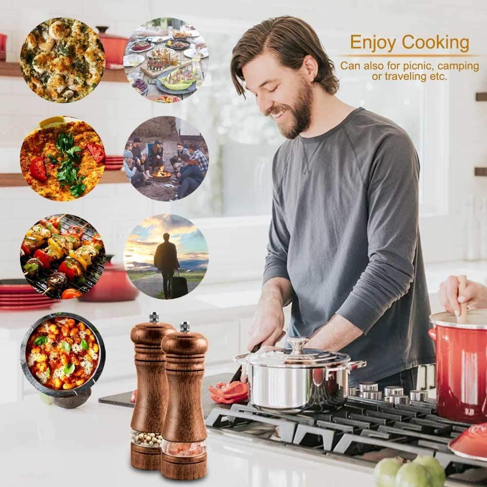 2 cái cối xay tiêu và muối thủ công bằng gỗ, cối xay tiêu, cối xay thảo mộc gia vị