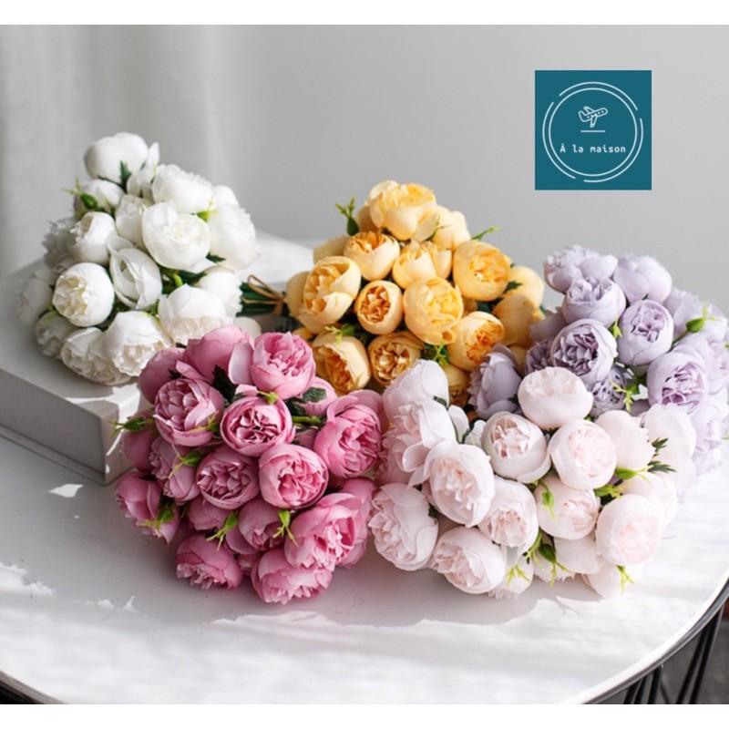 Hoa giả - Bó hoa hồng trà 28cm từ lụa cao cấp, hoa cô dâu, hoa decor