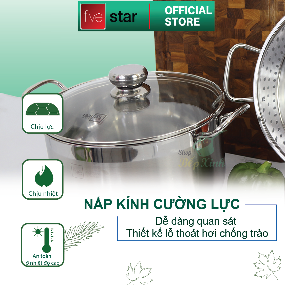 Bộ xửng hấp 3 đáy inox 430 FiveStar Standard  bếp từ nắp kính tặng 10 muỗng ăn ( 26cm/28cm/30cm )