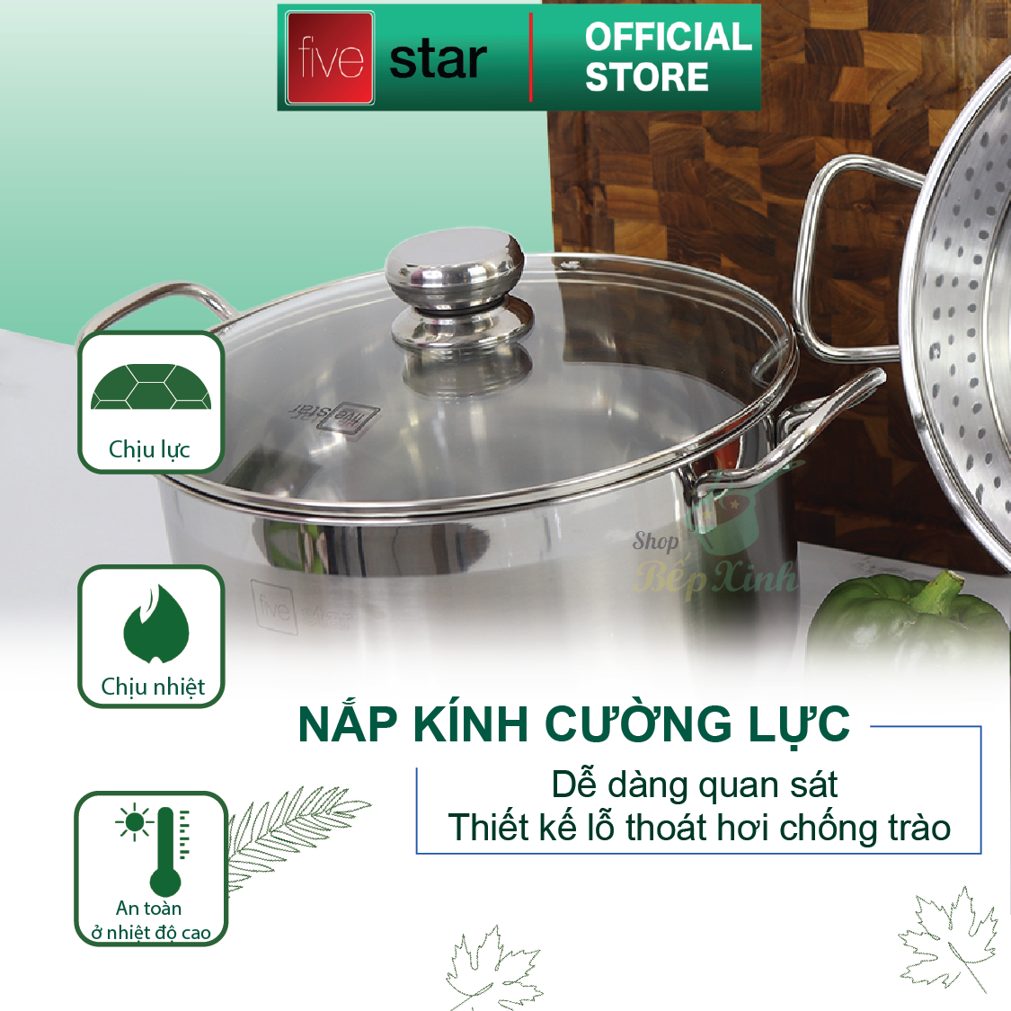 Bộ nồi xửng hấp inox 430 FiveStar Standard 3 đáy bếp từ nắp kính tặng 2 muỗng canh