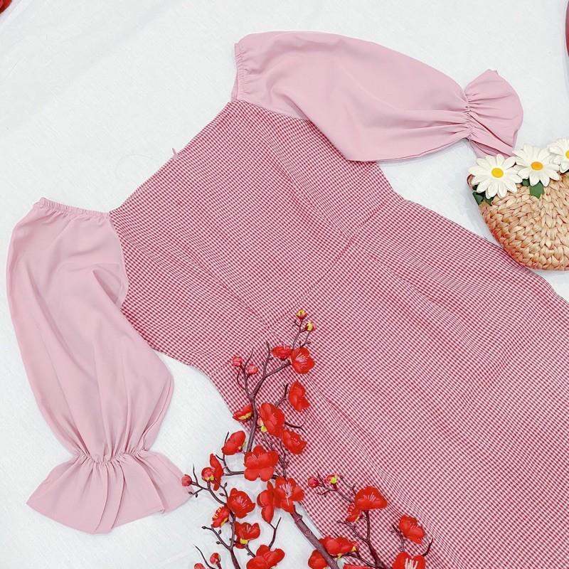 Đầm Suông Dài Hồng Caro Phối
