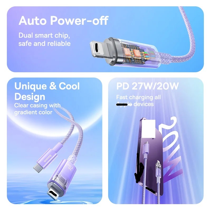 Cáp sạc nhanh Tự Ngắt PD 20W Gen2 Ba-se-us Explorer Series Fast Charging Cable Smart Power-Off Type-C to Lai-nin 20W - Hàng chính hãng