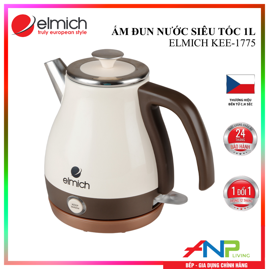 Ấm đun siêu tốc Elmich KEE-1775 (Mầu Kem, Dung Tích 1 Lít, Công Suất 1500W, Có chức năng giữ ấm) - Hàng Chính Hãng