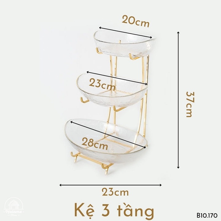 Khay Đựng Bánh Kẹo  Hoa Qủa 3 Tầng Bằng Thủy Tinh Khung Vàng   Sang Trọng