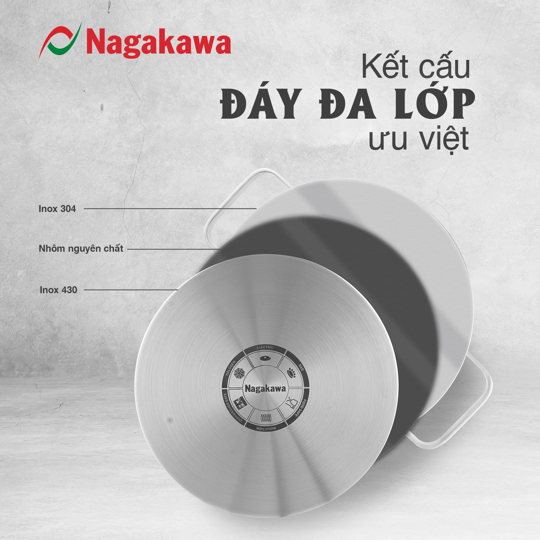 Bộ 3 nồi inox 304 đa lớp toàn phần Nagakawa Aki NAG1357 - Dùng trên mọi loại bếp - Hàng chính hãng