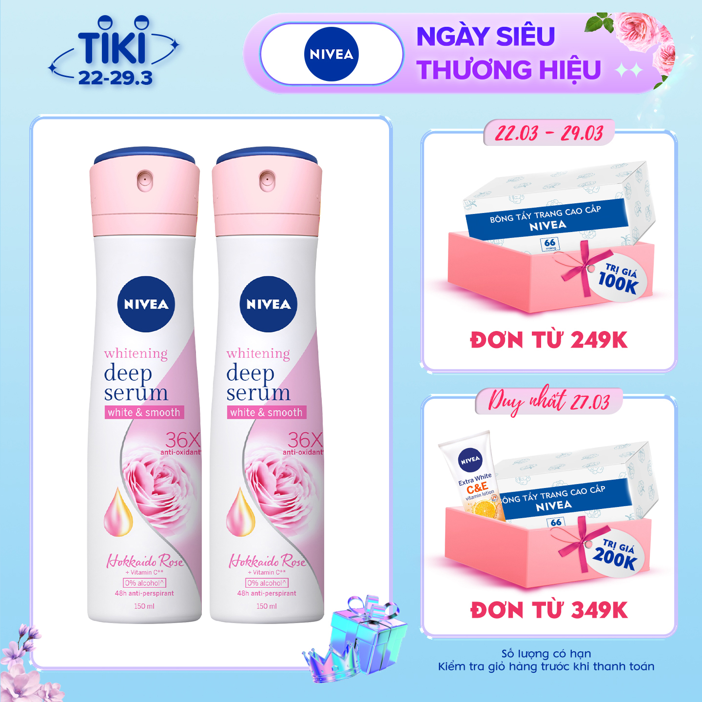 Combo 2 Xịt Serum Ngăn Mùi NIVEA Trắng Mịn Hương Hoa Hồng Hokkaido (150ml) - 85304