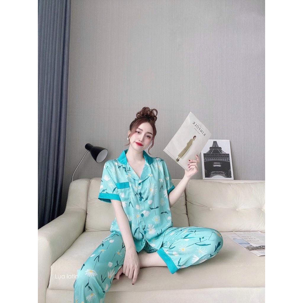 Bộ Pijama Mặc Nhà Nữ Lụa Cao Cấp Kiểu Tay Cộc Quần Dài Họa Tiết Sang Chảnh Dễ Thương