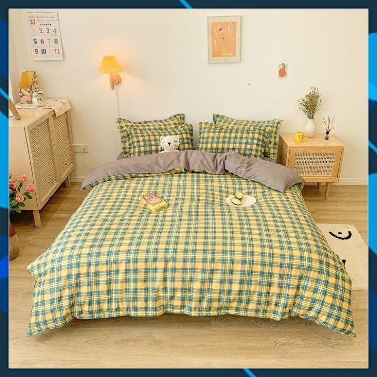 Bộ chăn ga Cotton Poly kẻ xanh vàng, vỏ chăn mền, drap giường và 2 vỏ gối