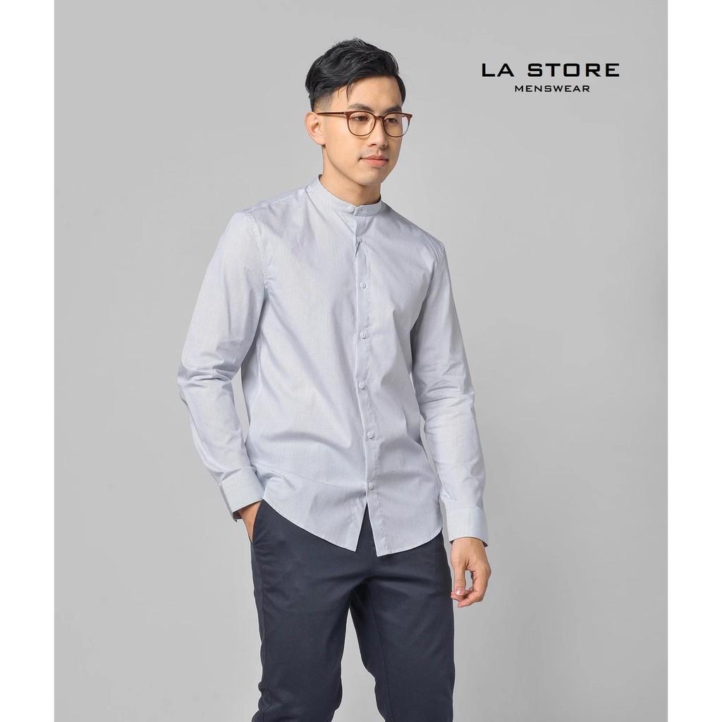 Áo Sơ mi cổ trụ nam màu trắng kẻ sọc xanh navy form fitted - 10F20SHL025 - Shop LASTORE