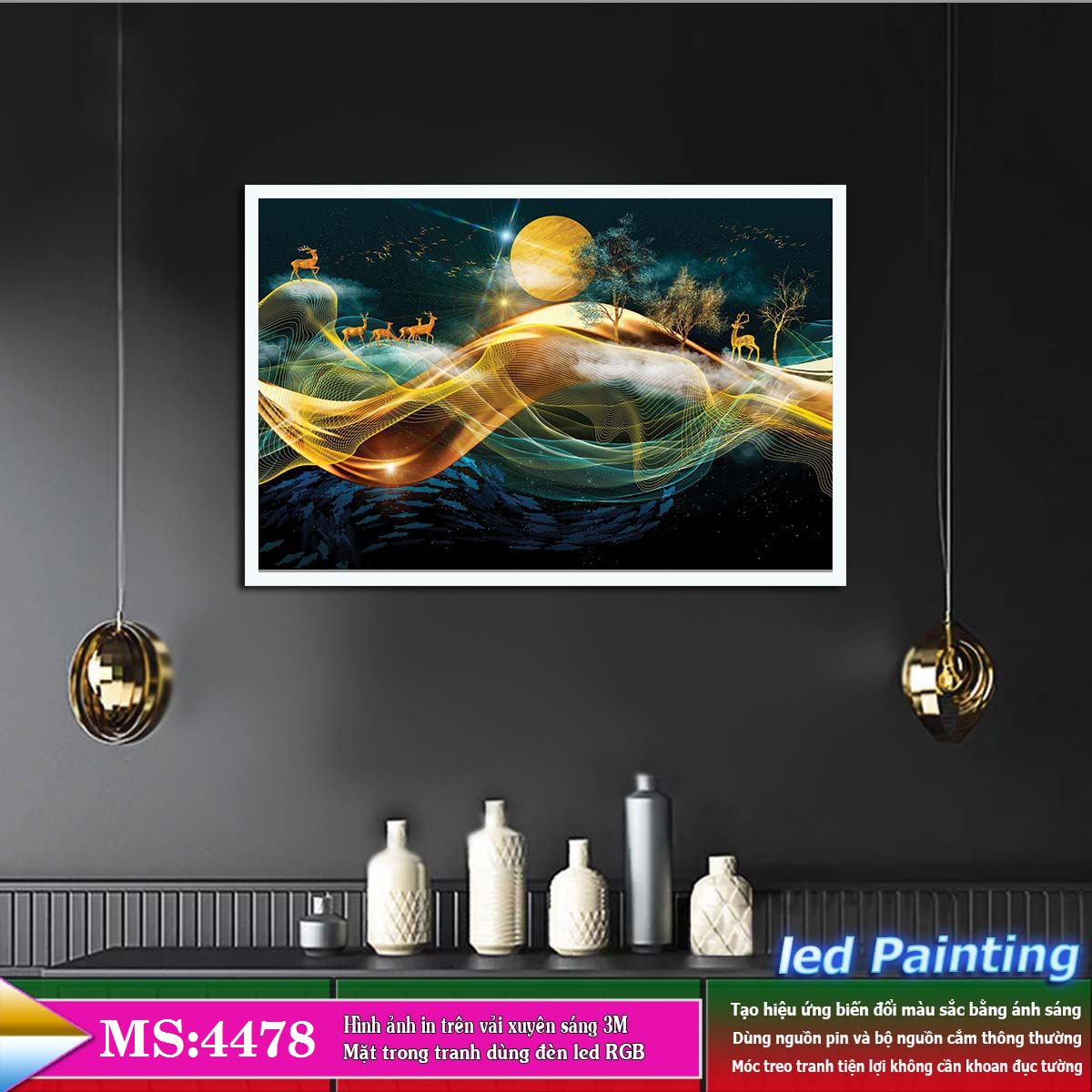 Tranh treo tường đèn led trang trí phòng khách, phòng ngủ hiệu ứng ánh sáng. KT: 60 x 40cm-MS:4478L6