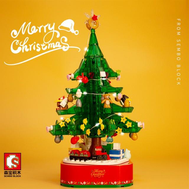 Đồ chơi xếp hình Lego hộp âm nhạc dây cót có đèn xoay tròn hình cây thông Noel, quà tặng giáng sinh ý nghĩa 601097