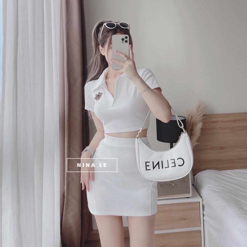 Set bộ đồ nữ thun body áo croptop thêu gấu xinh xắn mix với chân váy siêu xinh tôn da, tôn dáng cho các tình yêu