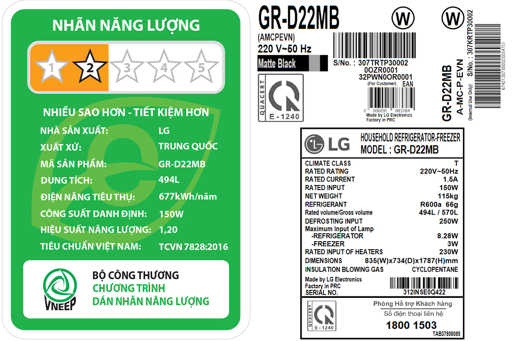 Tủ lạnh 4 cánh LG Inverter 494 lít GR-D22MB -Hàng chính hãng- Giao tại Hà Nội