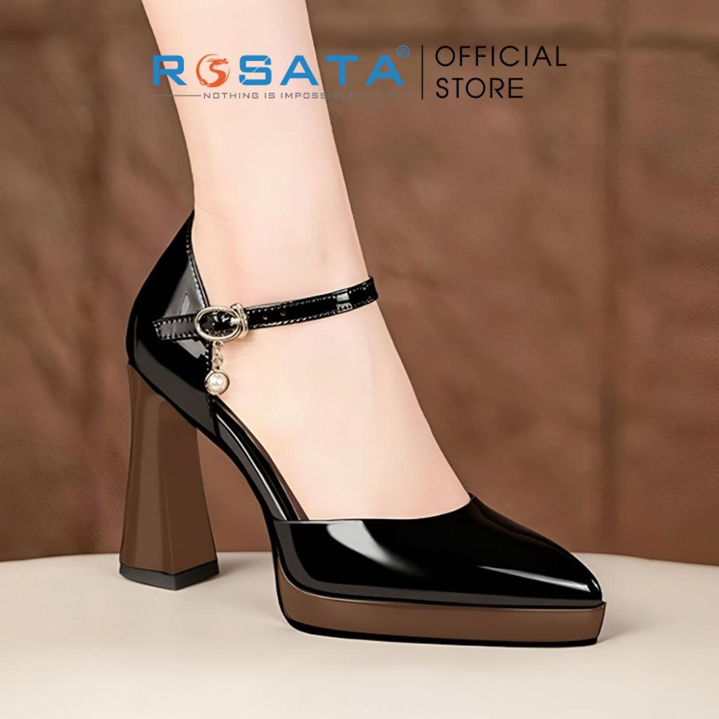 Giày cao gót nữ đế vuông 8 phân mũi nhọn công sở quai hậu khóa cài dây mảnh ROSATA RO597