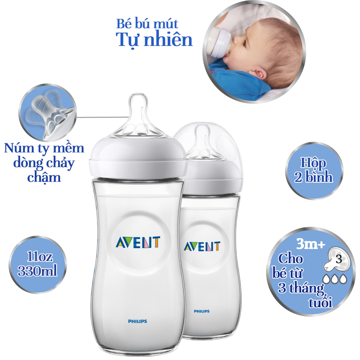 Bộ 2 bình sữa Mô phỏng tự nhiên bằng nhựa Philips Avent cho trẻ từ 6 tháng 330ml (SCF696/23)