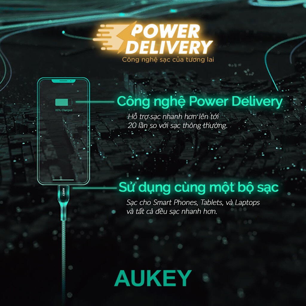 Combo Sạc Nhanh Aukey PA-F1S Power Delivery 20W - Cáp Sạc Nhanh USB-C to Lightning Aukey CB-CL2 - Hàng Chính Hãng