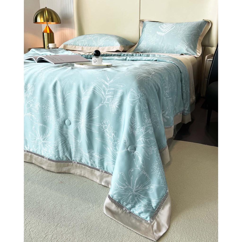 Bộ chăn ga gối cao cấp 100%Tencel 100s Digital Print, Set 4 món chăn chần hè phối ren siêu mềm mát mịn