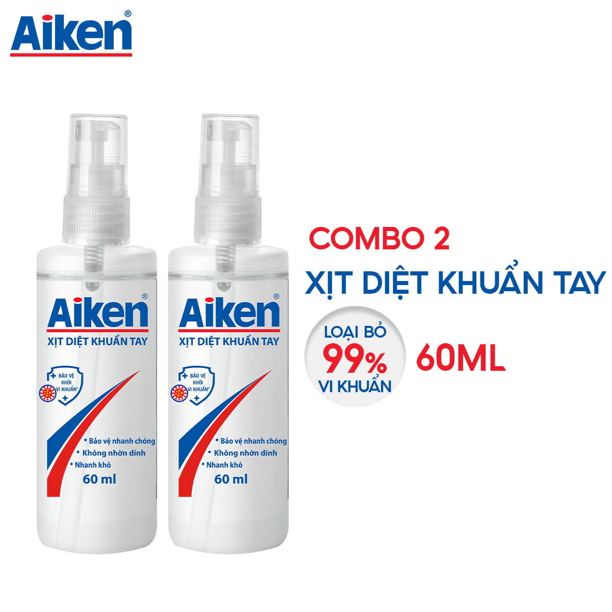 Combo 2 Xịt diệt khuẩn tay Aiken 60ml