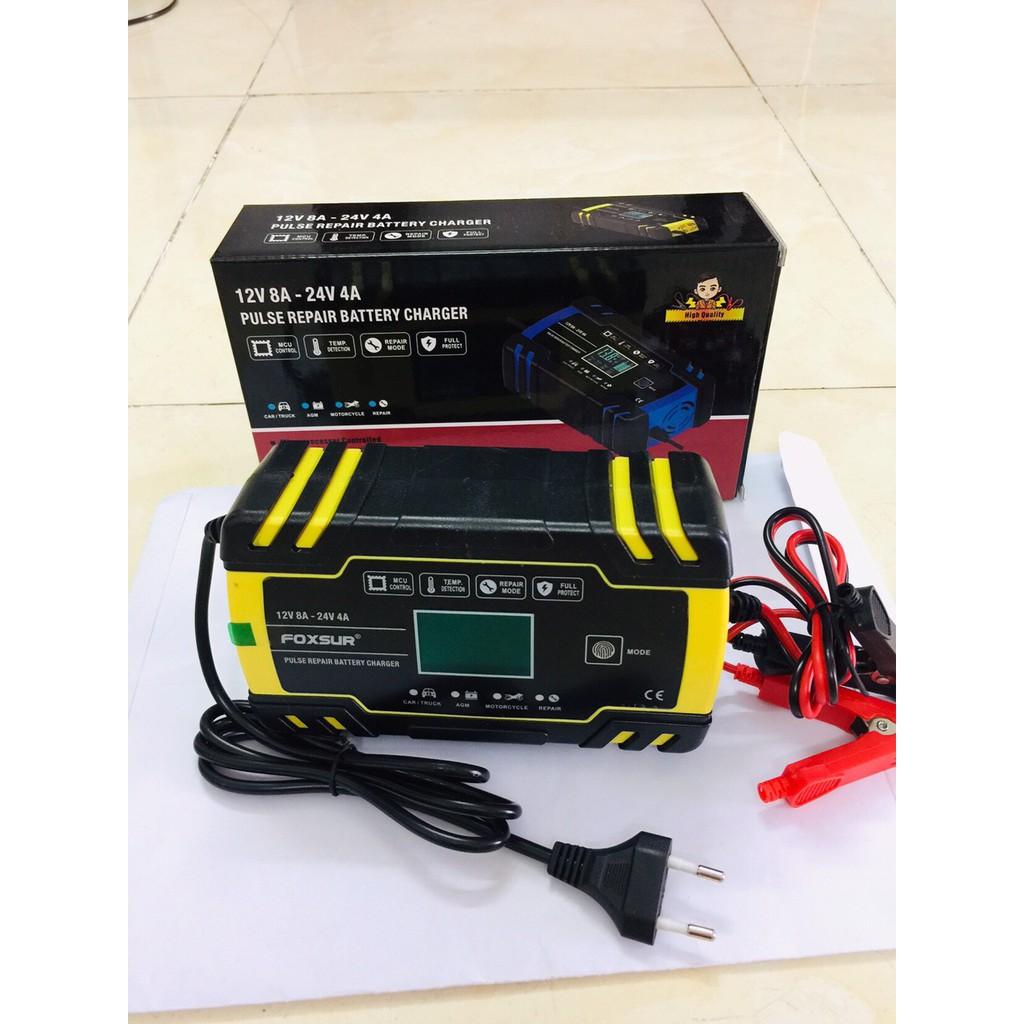 Sạc bình ắc quy 12V,24V FOXSUR  từ 4Ah đến 150Ah có khử sunfat phục hồi bảo dưỡng bình, thông minh tự ngắt khi đầy