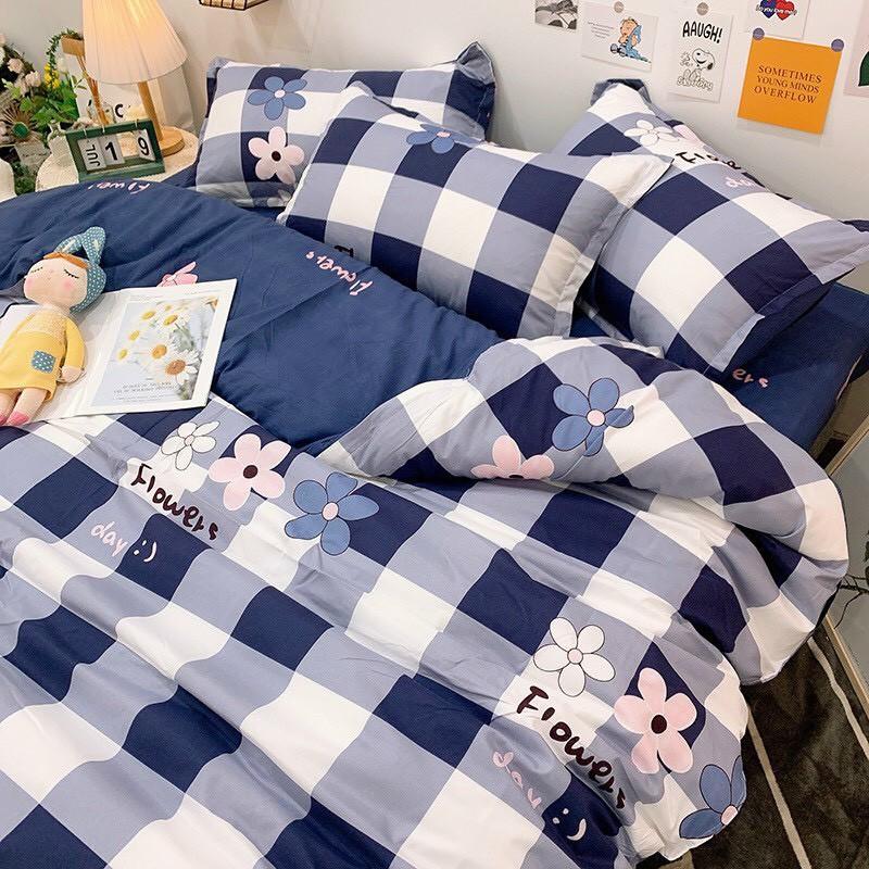 Bộ chăn ga Cotton Poly M2T bedding chăn ga Hàn Quốc họa tiết kẻ xanh than phối hoa đủ size miễn phí bo chun