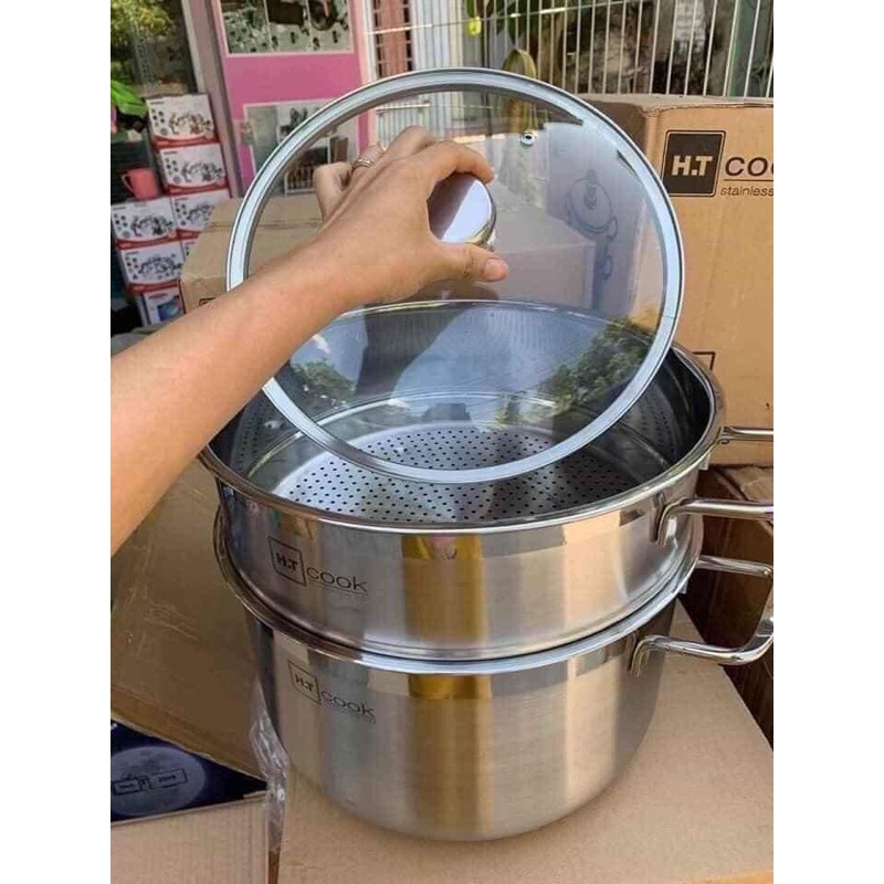 Bộ nồi và xửng hấp inox 430 bếp từ 1 đáy HT COOK 28cm nắp kính dùng được bếp từ - bảo hành 1 tháng luôn