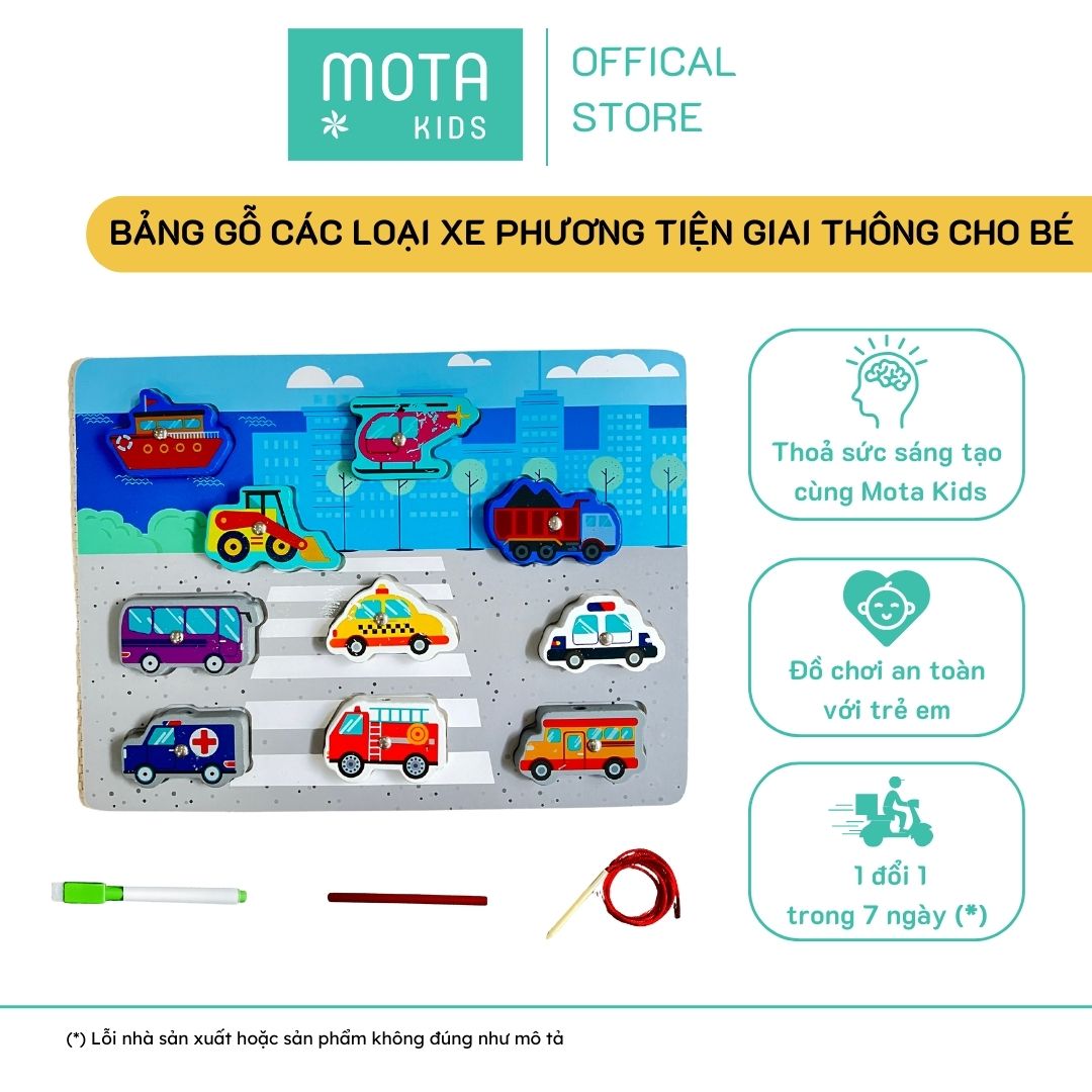 [M92-890XE - Mota Montessori] Đồ chơi cho bé Bảng gỗ câu các loại xe phương tiện giao thông - Hàng chính hãng