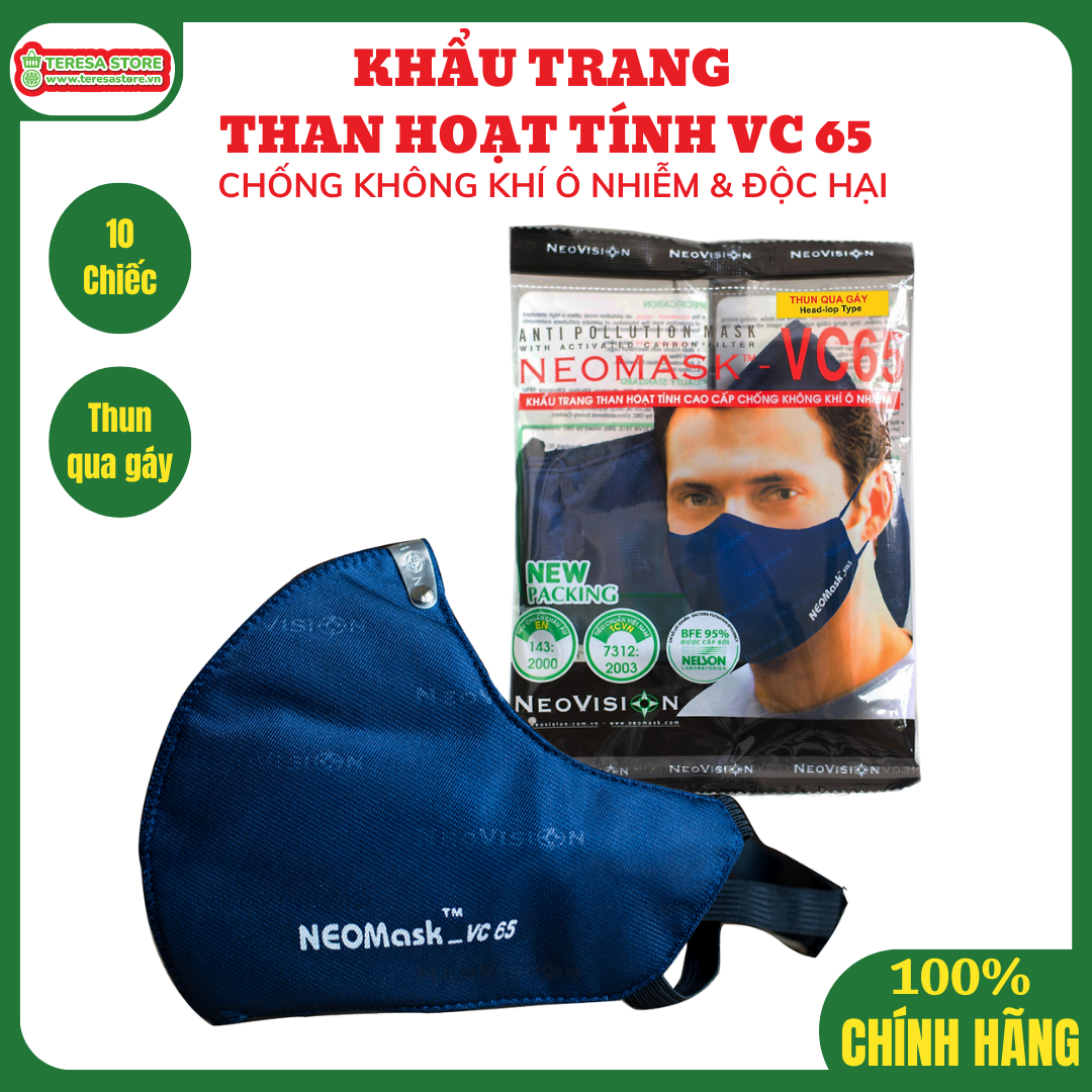 Khẩu trang NeoMask VC65 (Combo 10) - Khẩu trang than hoạt tính NeoVision NeoMask VC65 chuẩn N95 (Thun Qua Gáy)- Chống bụi siêu mịn PM2.5, lọc khuẩn BFE 95% (Được cấp bởi Nelson Lab), kháng khuẩn, chống giọt bắn có thể giặt tái sử dụng nhiều lần- Xanh đậm