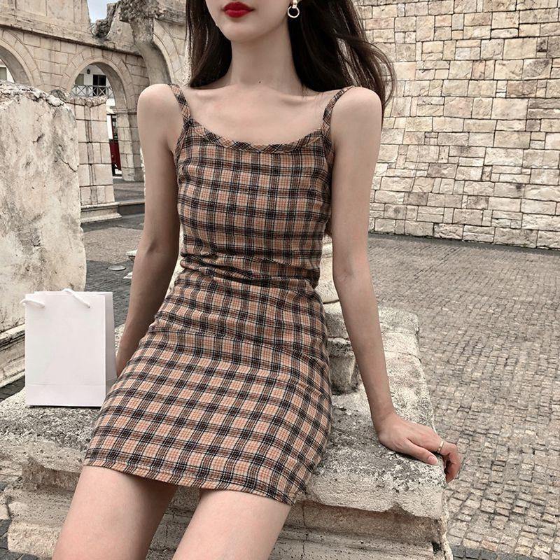 Đầm Nữ Hai Dây Kẻ Sọc Caro Thời Trang