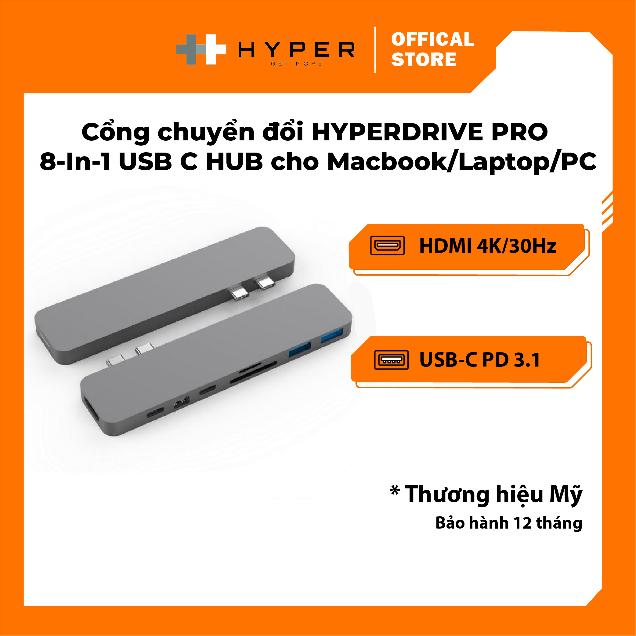 CỔNG CHUYỂN HYPERDRIVE PRO 8-IN-2 HUB FOR  MACBOOK PRO/AIR USB-C – GN28D  - HÀNG CHÍNH HÃNG