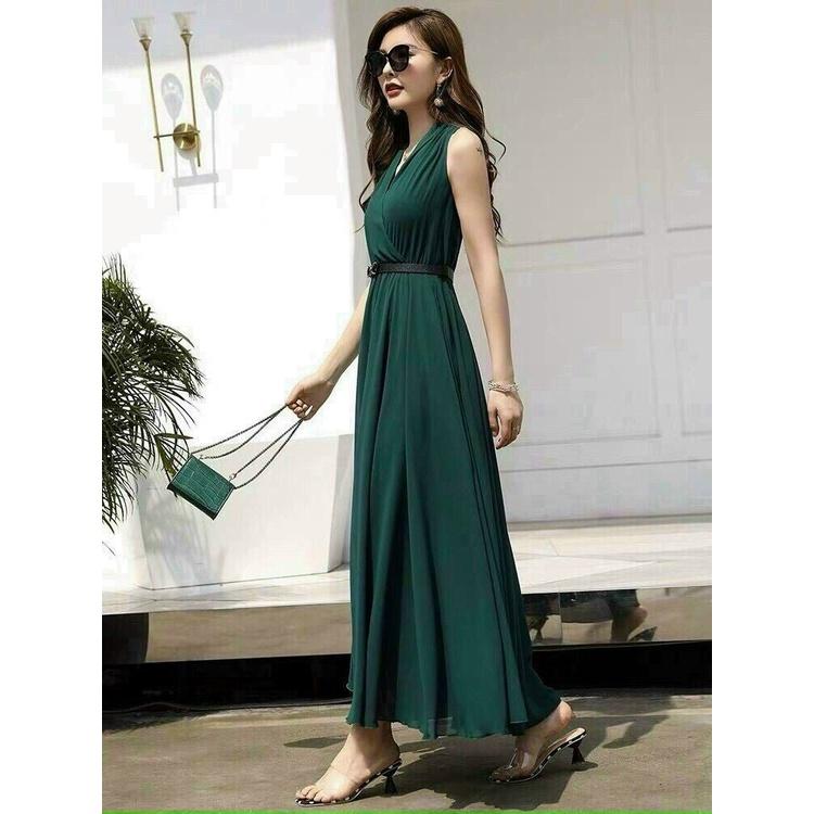 Đầm Maxi Thiết Kế Cổ V, Kèm Thắt Lưng, Màu Sắc Sang Trọng, Quý Phái