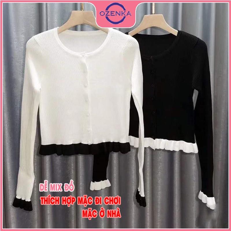 Áo khoác cardigan croptop tay dài nữ OZENKA , ao crt ôm body dệt kim len gân đẹp 100% cotton đen trắng free size