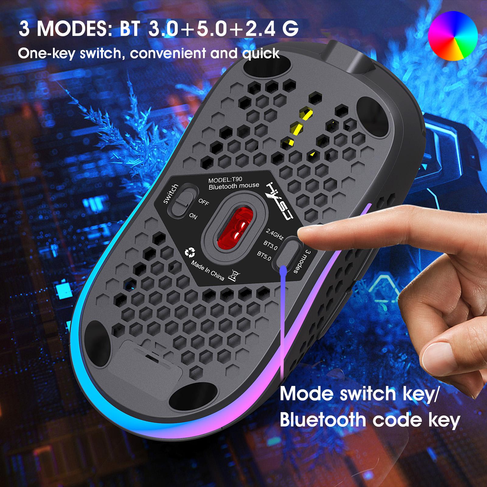 HXSJ T90 Three Mode Wireless Mouse BT 3.0 + 5.0 + 2.4G Wireless Charging Mouse RGB Lighting with Adjustable DPI Black
